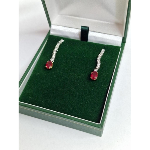 113 - Modern / Elegant 18ct Two-Tone Gold, Diamond and Ruby Earrings, (Approx. H: 32mm, Weight 4.4g)