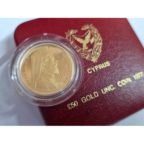 175 - Cyprus 1977 £50 Makarios 22ct Gold Uncirculated Coin in Capsule and Red Colour Presentation Case, (A... 