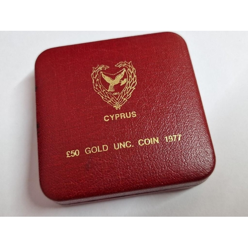 175 - Cyprus 1977 £50 Makarios 22ct Gold Uncirculated Coin in Capsule and Red Colour Presentation Case, (A... 