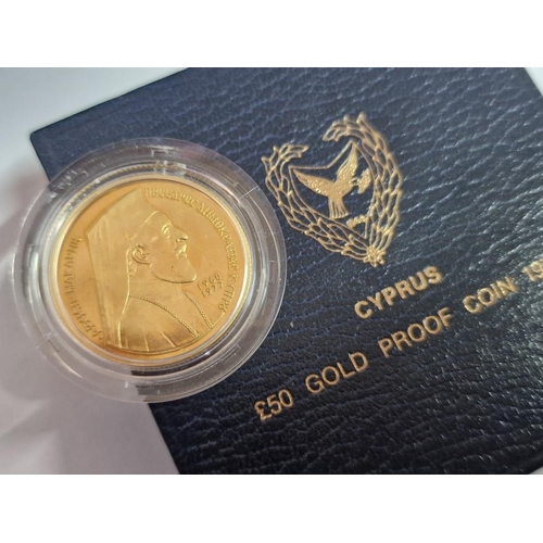 176 - Cyprus 1977 £50 Makarios 22ct Gold Proof Coin in Capsule and Blue Colour Presentation Case, (Approx.... 