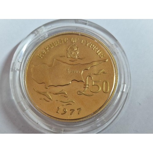 176 - Cyprus 1977 £50 Makarios 22ct Gold Proof Coin in Capsule and Blue Colour Presentation Case, (Approx.... 