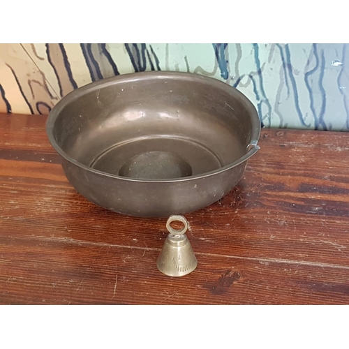 327 - Vintage Style Brass items; Decorative Bowl (H:6.5cm x Ø20cm), (A/F) and Miniature Bell (H:5cm)