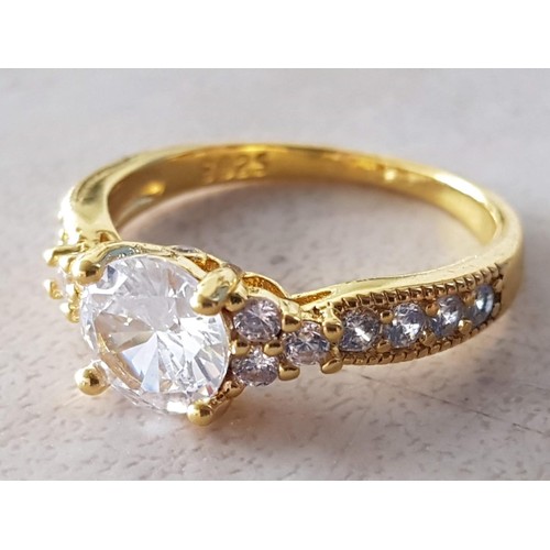 726 - Silver / Gold Plated Solitaire Rings, Engagements / Wedding Ring Set - Decorated with Little Crystal... 