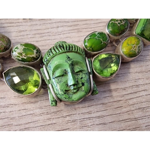 255 - Ornate Sterling Silver Necklace Set with Mixed Green Stones and Carved God / Buddha Head, Together w... 