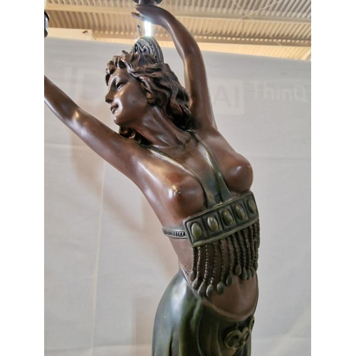 421 - Large Bronze Effect Art Deco Style Table Lamp of Female Figure with 2 x Lamps & Glass Shades, (Appro... 