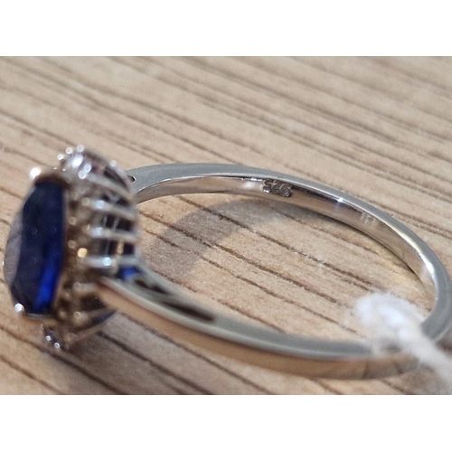 422 - Sterling Silver Ring with Tear Shaped Blue Stone & Surrounding Clear Stones, (Approx. 3.3g, Size U/V... 