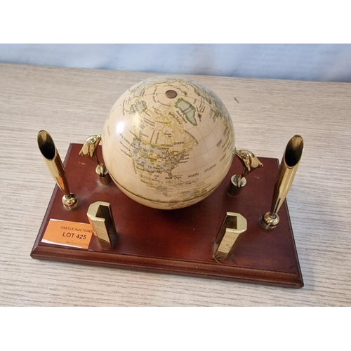 425 - Vintage Desk Items; Solid Brass Letter Rack (Made in England) and Globe with Dolphin Supports and 2-... 