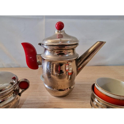 430 - Vintage / Retro White Metal Coffee Pot, Milk Jug, Sugar Bowl and 2 x Cup Holders with Bakelite Cups