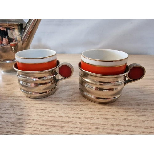 430 - Vintage / Retro White Metal Coffee Pot, Milk Jug, Sugar Bowl and 2 x Cup Holders with Bakelite Cups