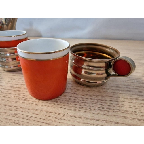 430 - Vintage / Retro White Metal Coffee Pot, Milk Jug, Sugar Bowl and 2 x Cup Holders with Bakelite Cups