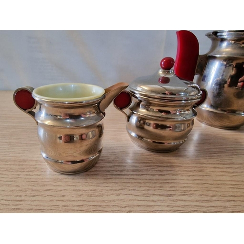 430 - Vintage / Retro White Metal Coffee Pot, Milk Jug, Sugar Bowl and 2 x Cup Holders with Bakelite Cups