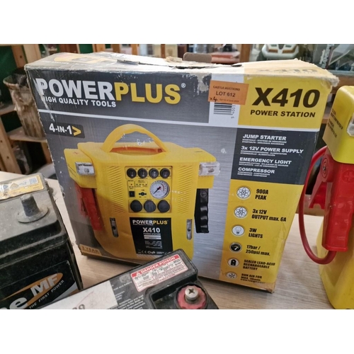 612 - Power Plus X410 Power Station / Battery Charger / Car Booster, Together with 3 x Batteries, (unteste... 