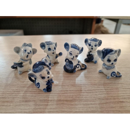 83 - 6 x Vintage Blue & White Delft Style Hand Painted Miniature Cat Figures, (6)