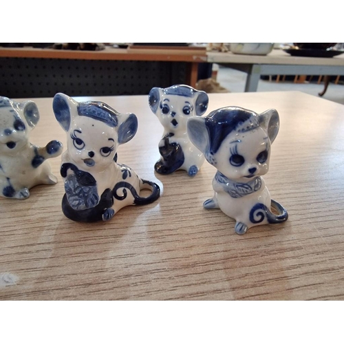 83 - 6 x Vintage Blue & White Delft Style Hand Painted Miniature Cat Figures, (6)