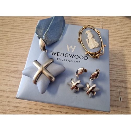 86 - Wedgwood Blue Jasperware Jewellery; Cushion Shape Pendant on Blue Ribbon and Matching Earrings, Toge... 