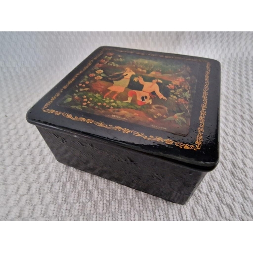 739 - Vintage Russian Papier Mâché Lacquer Jewellery Box, with Lover Presenting Boots Decoration, Dated 19... 