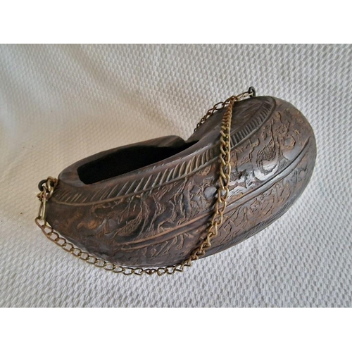 741 - Antique Kashkul, Coco De Mer Begging Bowl from Seychelles Coconut, Carved with Islamic Religious Exp... 