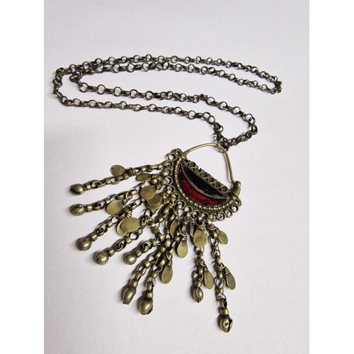 747 - Antique Syrian Bedouin Earing with Red Glass and Dangling Chains, Together with Necklace / Chain