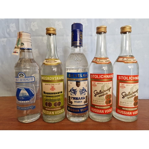 762 - 5 x Bottles of Russian Vodka; Stolichnaya, Moskovskaya, Gzhelka and One Other, (5)