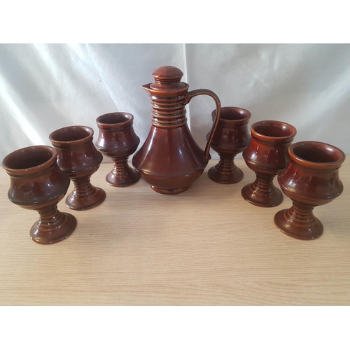 772 - Vintage Style Wine Ceramic Set; Country Style Decanter with Stopper and 6 x Matching Goblets