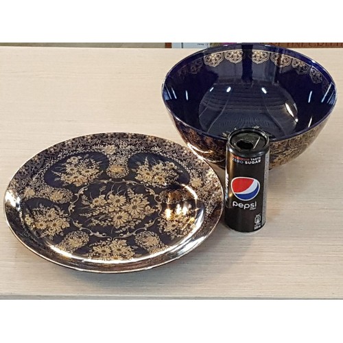 477 - Cobalt Blue and Floral Golden Pattern Oversize Salad Set; Bowl (Ø25.5 x H:11.5 and Plate (Ø31cm)