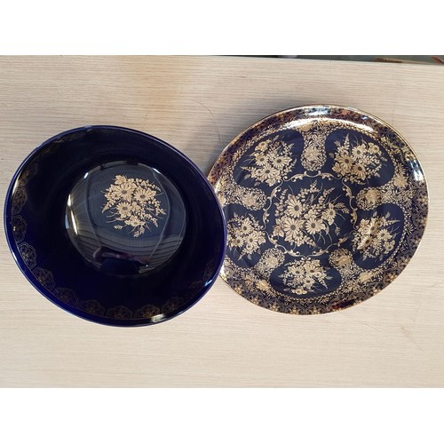 477 - Cobalt Blue and Floral Golden Pattern Oversize Salad Set; Bowl (Ø25.5 x H:11.5 and Plate (Ø31cm)