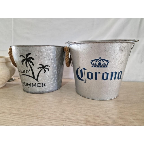 662 - 2 x Metal Ice Buckets / Planters; 'Corona' & 'Enjoy Summer', Together with Terracotta Plant Pot and ... 