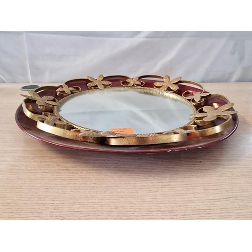 666 - Decorative Round Wall Mirror with Red Colour Plate Backing & Gilt Metal Floral Surround, (Approx. Ø:... 