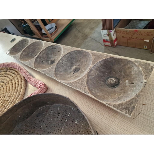 673 - Vintage Cypriot 5-Part Bread Mould, Wood & Metal Seize and Wicker Spiral Bread Board / Basket, (3)