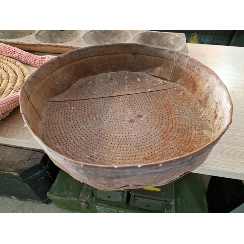 673 - Vintage Cypriot 5-Part Bread Mould, Wood & Metal Seize and Wicker Spiral Bread Board / Basket, (3)