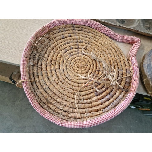 673 - Vintage Cypriot 5-Part Bread Mould, Wood & Metal Seize and Wicker Spiral Bread Board / Basket, (3)