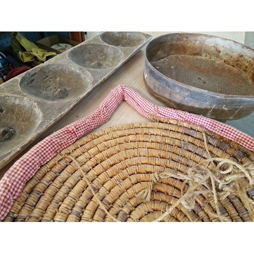 673 - Vintage Cypriot 5-Part Bread Mould, Wood & Metal Seize and Wicker Spiral Bread Board / Basket, (3)