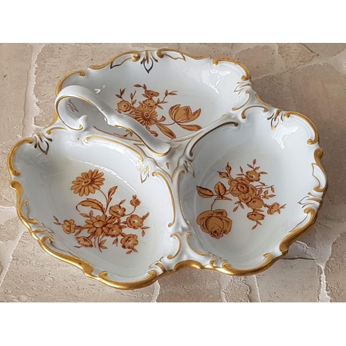 625 - JLMENAU Graf Von Henneberg (Germany) Gold Trim - Gold Floral Pattern Porcelain 3 - Sections Dish wit... 