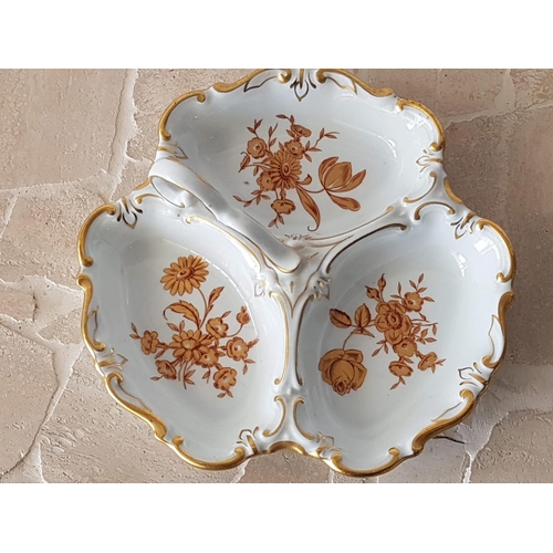 625 - JLMENAU Graf Von Henneberg (Germany) Gold Trim - Gold Floral Pattern Porcelain 3 - Sections Dish wit... 