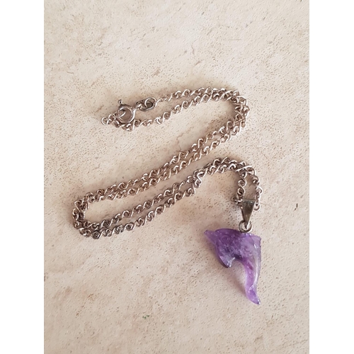 631 - .925 Silver Chain (L:38cm) with Purple Dolphin Natural Stone (Believed to Amethyst Pendant)