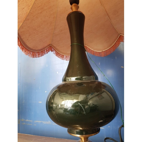 644 - Large Classic Table Lamp; Dark Green and Brass Effect Base with Retro Lampshade with Fringe (H:85cm)... 