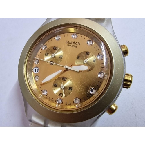 571 - Swatch Irony Diaphne Wrist Watch, AG2005, Swiss Made, Gold Tone Face with Clear Stone Hour Markers, ... 