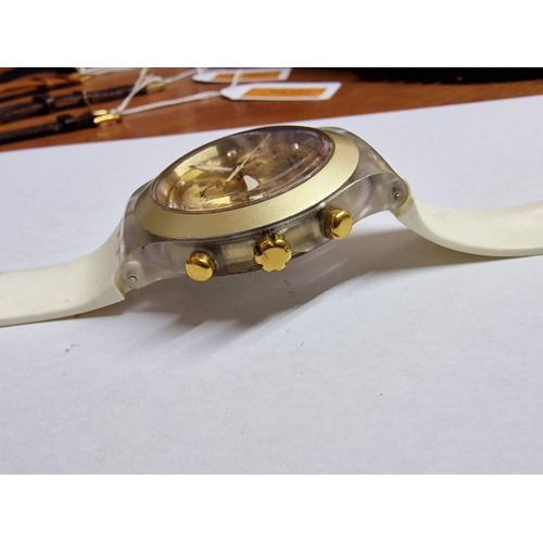 571 - Swatch Irony Diaphne Wrist Watch, AG2005, Swiss Made, Gold Tone Face with Clear Stone Hour Markers, ... 