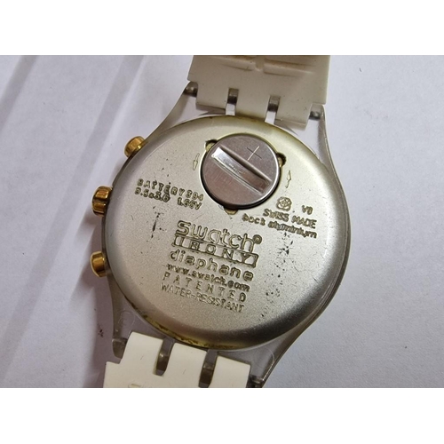 571 - Swatch Irony Diaphne Wrist Watch, AG2005, Swiss Made, Gold Tone Face with Clear Stone Hour Markers, ... 