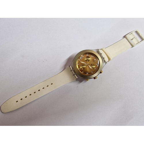 571 - Swatch Irony Diaphne Wrist Watch, AG2005, Swiss Made, Gold Tone Face with Clear Stone Hour Markers, ... 