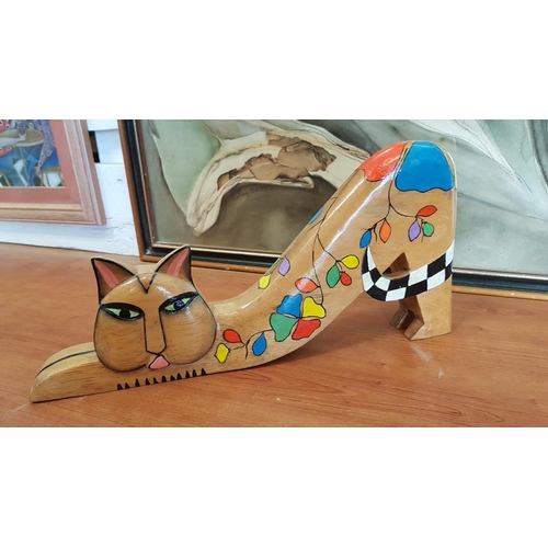 296 - Stretching Kitty Cat Wooden Sculpture Hand Painted by Local Artist (36 x 17.5cm)