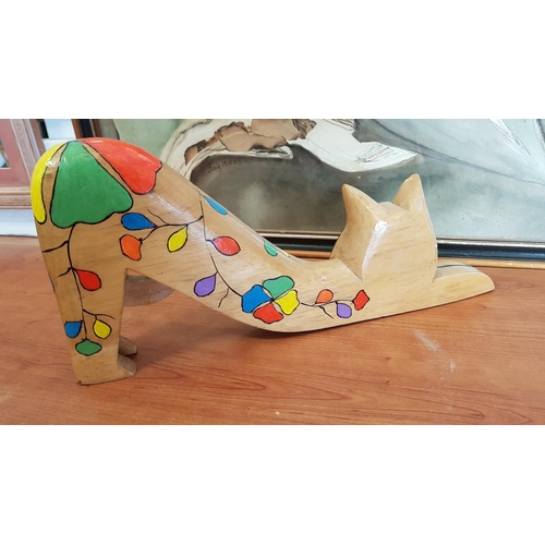 296 - Stretching Kitty Cat Wooden Sculpture Hand Painted by Local Artist (36 x 17.5cm)