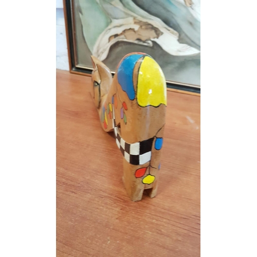 296 - Stretching Kitty Cat Wooden Sculpture Hand Painted by Local Artist (36 x 17.5cm)