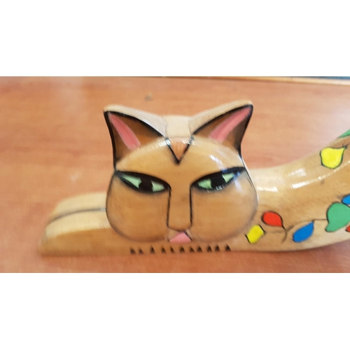 296 - Stretching Kitty Cat Wooden Sculpture Hand Painted by Local Artist (36 x 17.5cm)