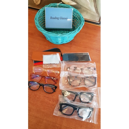 247 - Various Fashionable Reading Glasses (+3.00 and +3.25), (Un-Used) Together with Wicker Basket