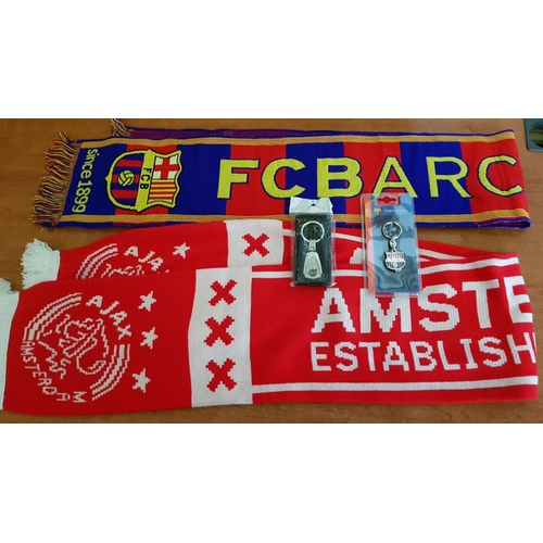 334 - Football Fans Memorabilia; FC Barcelona Scarf and Key Ring, Ajax Amsterdam Scarf Together with Extra... 