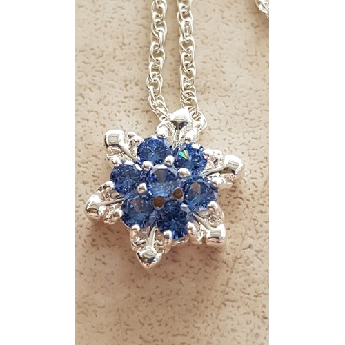 505 - Silver Blue Stone Snowflake Pendant with Silver (?) Chain, Total Weight 6gr (L:41cm)