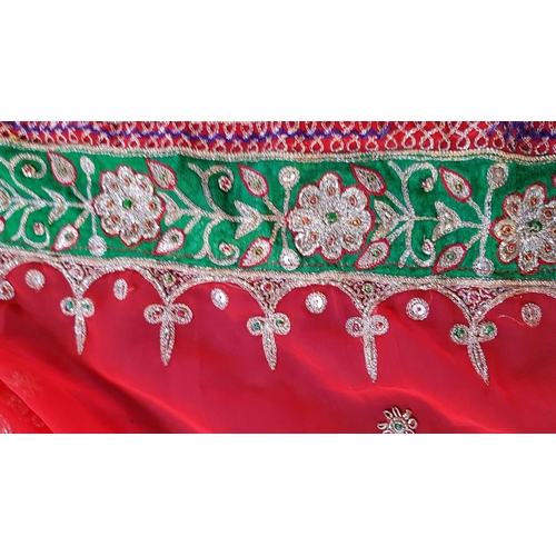 563 - Organza Border Saree - Red with Green / Gold Embroidered