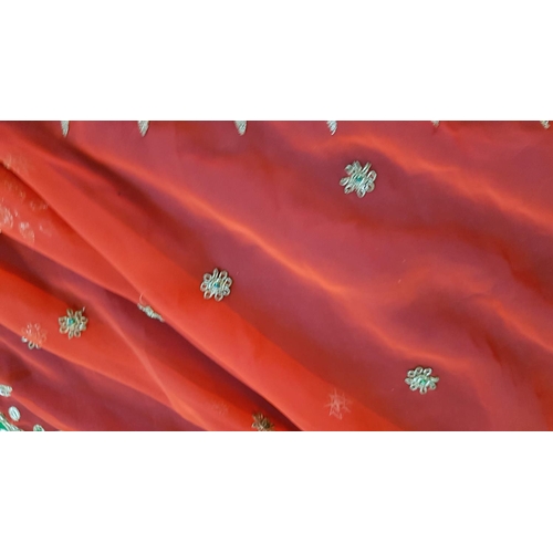 563 - Organza Border Saree - Red with Green / Gold Embroidered