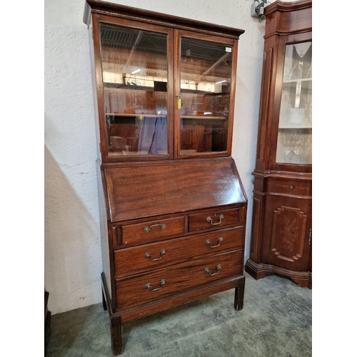 790 - Vintage Dark Wood Bureau Book Case Stamped 'Russel of Broadway, 1956', with Glazed Double Doors and ... 